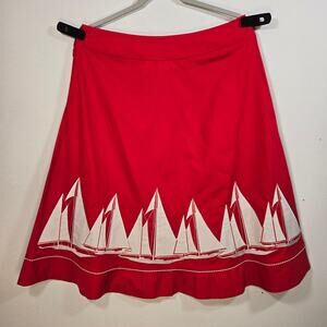 Liz Claiborne Red A Line 100% Cotton Midi Skirt With Sailboat Applique Size 12